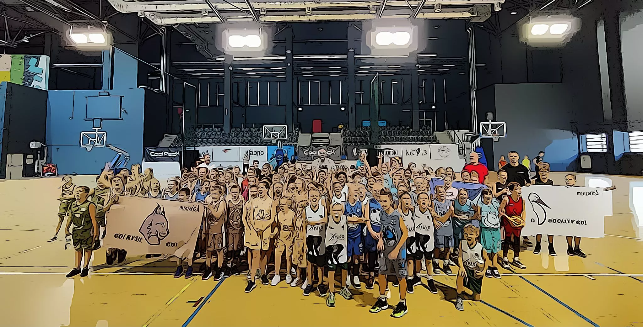 Grupa dzieci podczas treningu koszykówki Mini Basket Liga